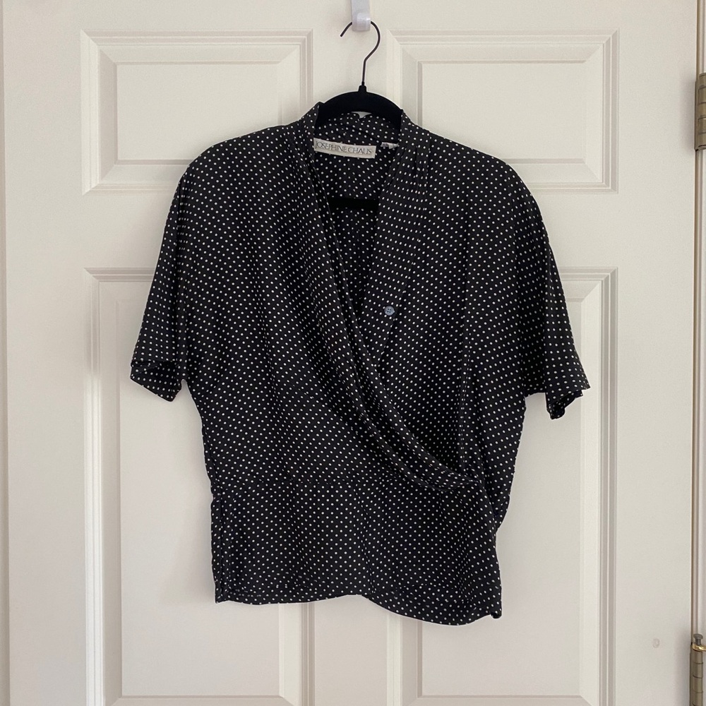 Vintage 100% silk black and white polka dot wrap blouse.
